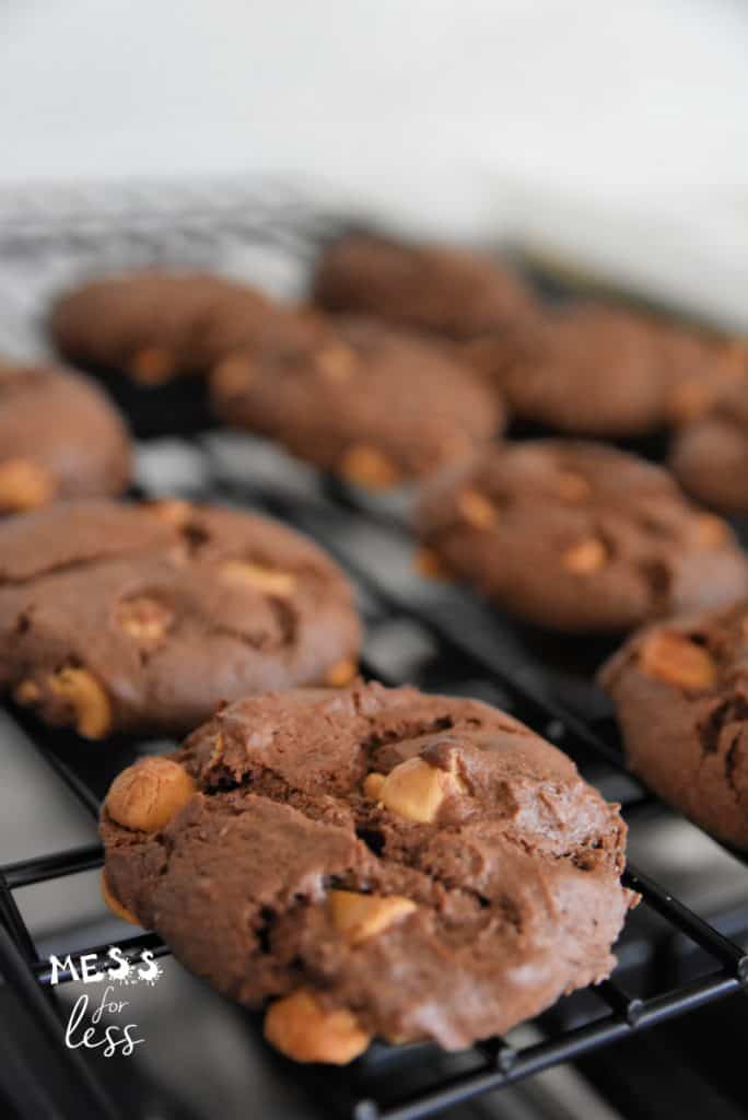 Chocolate Butterscotch Cake Mix Cookies on a baking rack