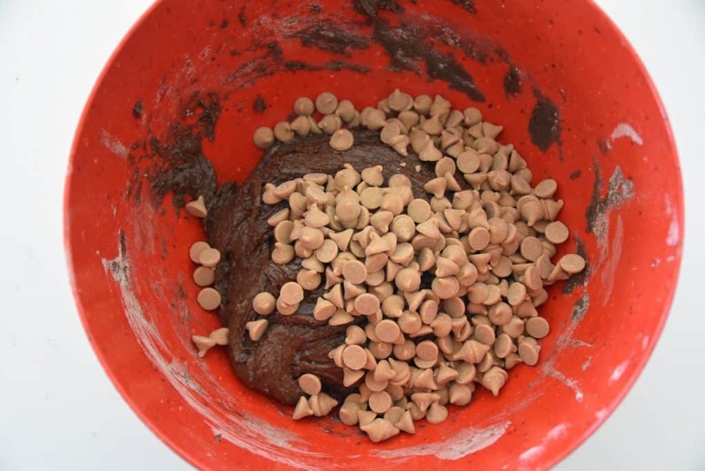 chocolate cake mix in a bowl with butterscotch chips