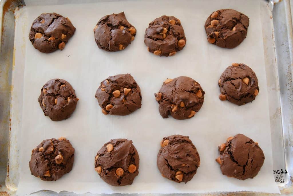Chocolate Butterscotch Cake Mix Cookies on a pan