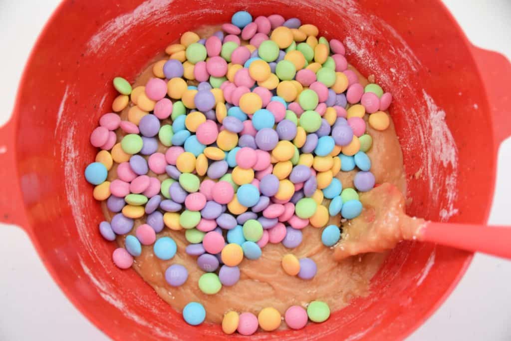 pastel m&ms in batter