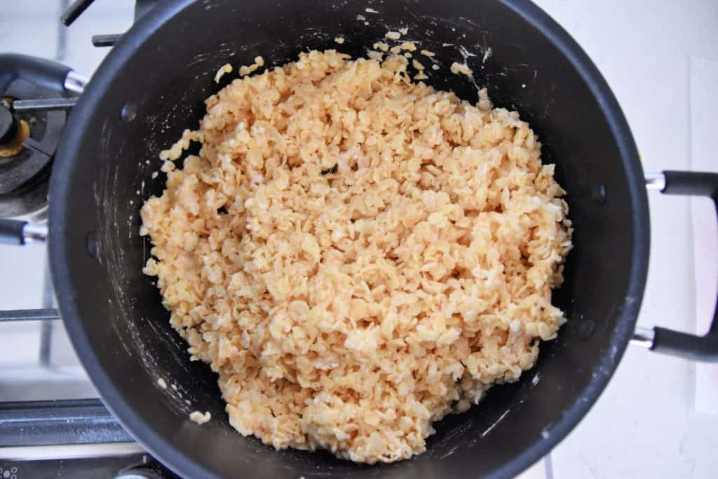 rice krispies and marshmallows in a sauce pan