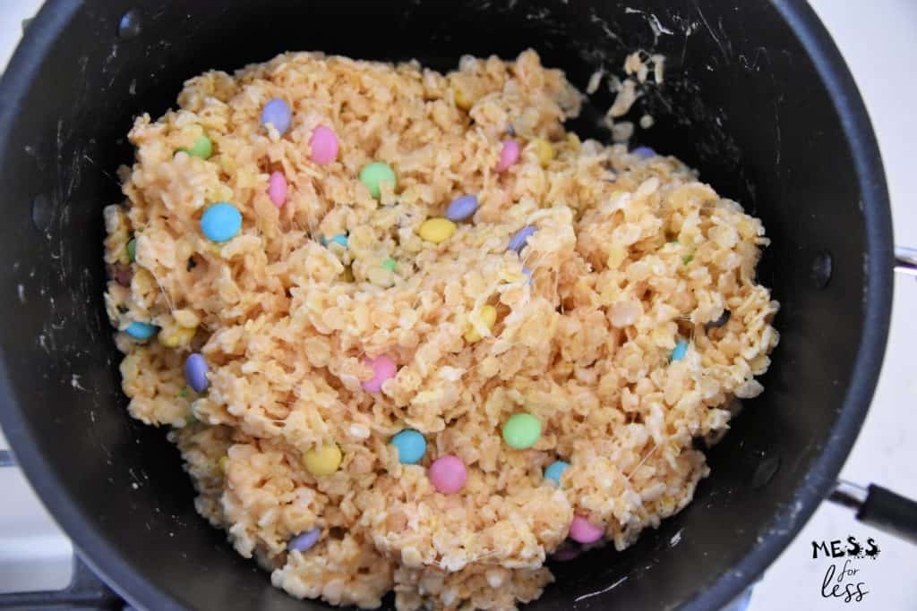 making M&M rice krispie treats