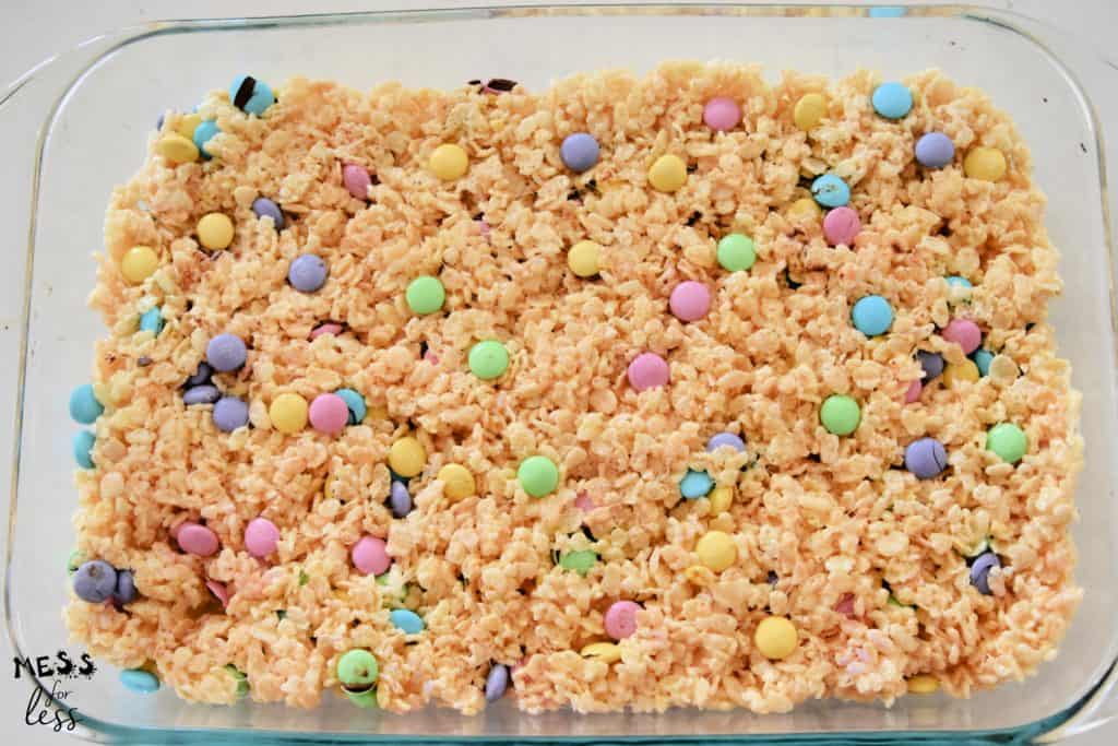 M&M easter rice krispie treats in a pan