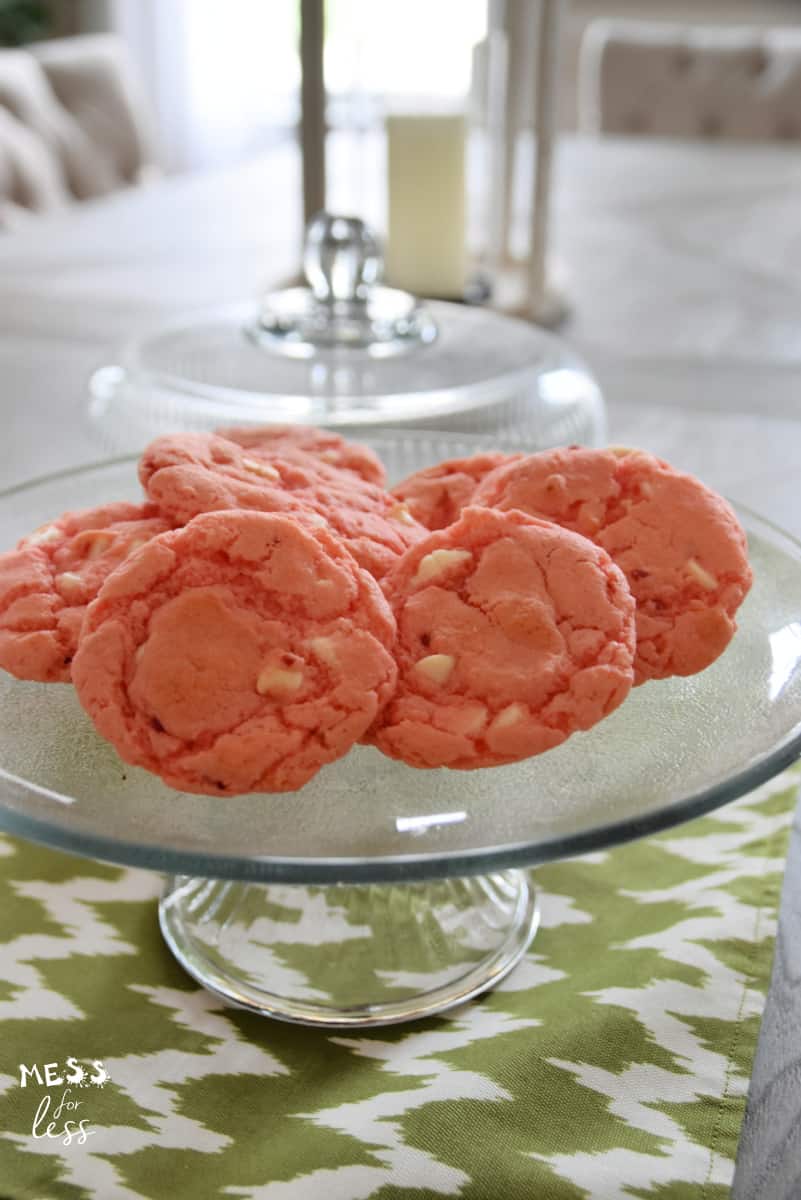 Strawberry cake mix cookies on a platter