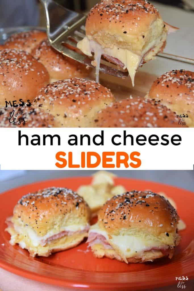 These ham and cheese sliders are filled with yummy meat and gooey cheese stuffed in soft buttered buns. Such an easy meal or appetizer idea! #hamandcheesesliders #hamandcheese #slidercasserole #sliders