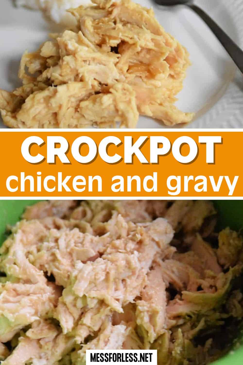 Crockpot Gravy Chicken features tender shredded chicken mixed with rich, savory gravy, served on a white plate and in a bowl.