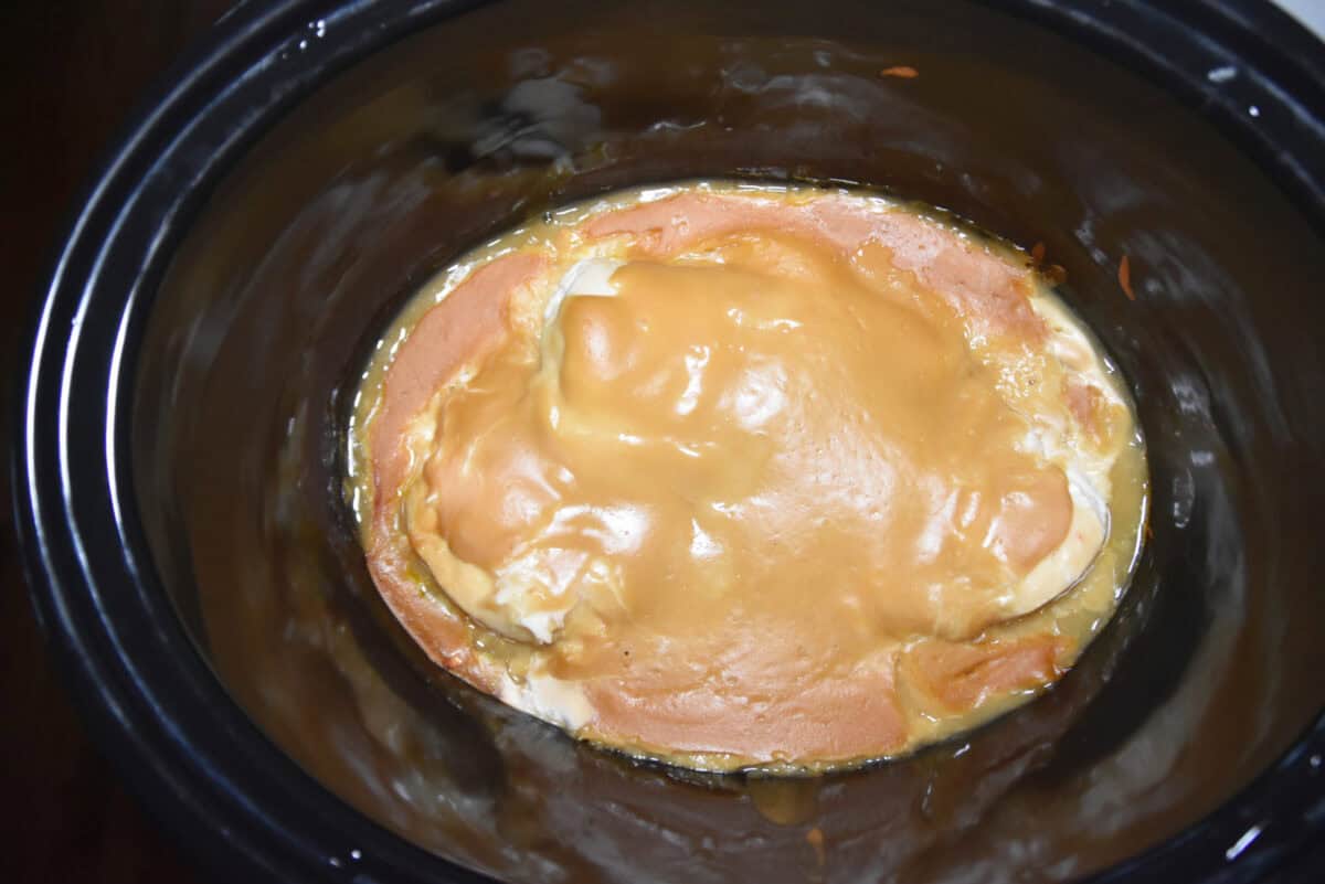 Cooked chicken and gravy in the crock pot