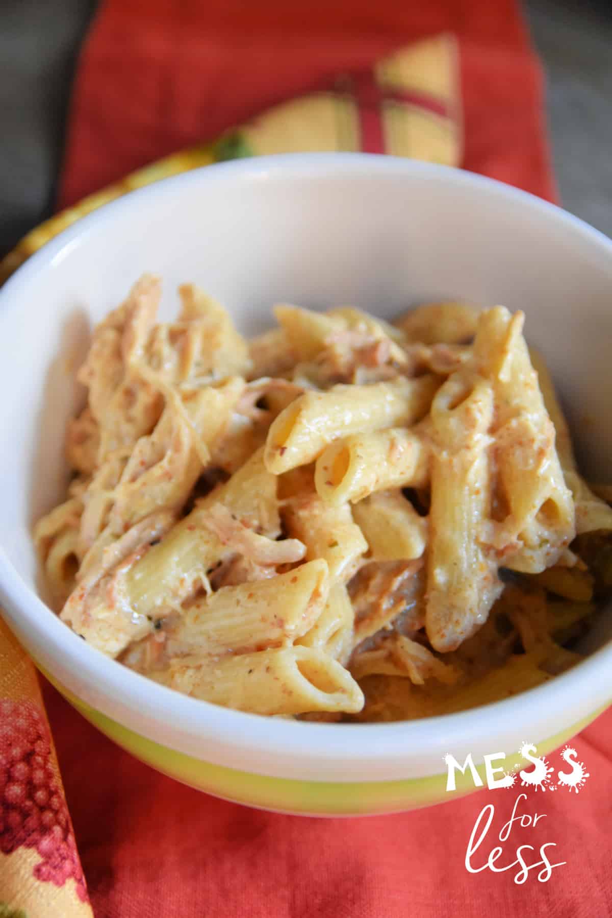 Chicken and penne pasta in a bowl