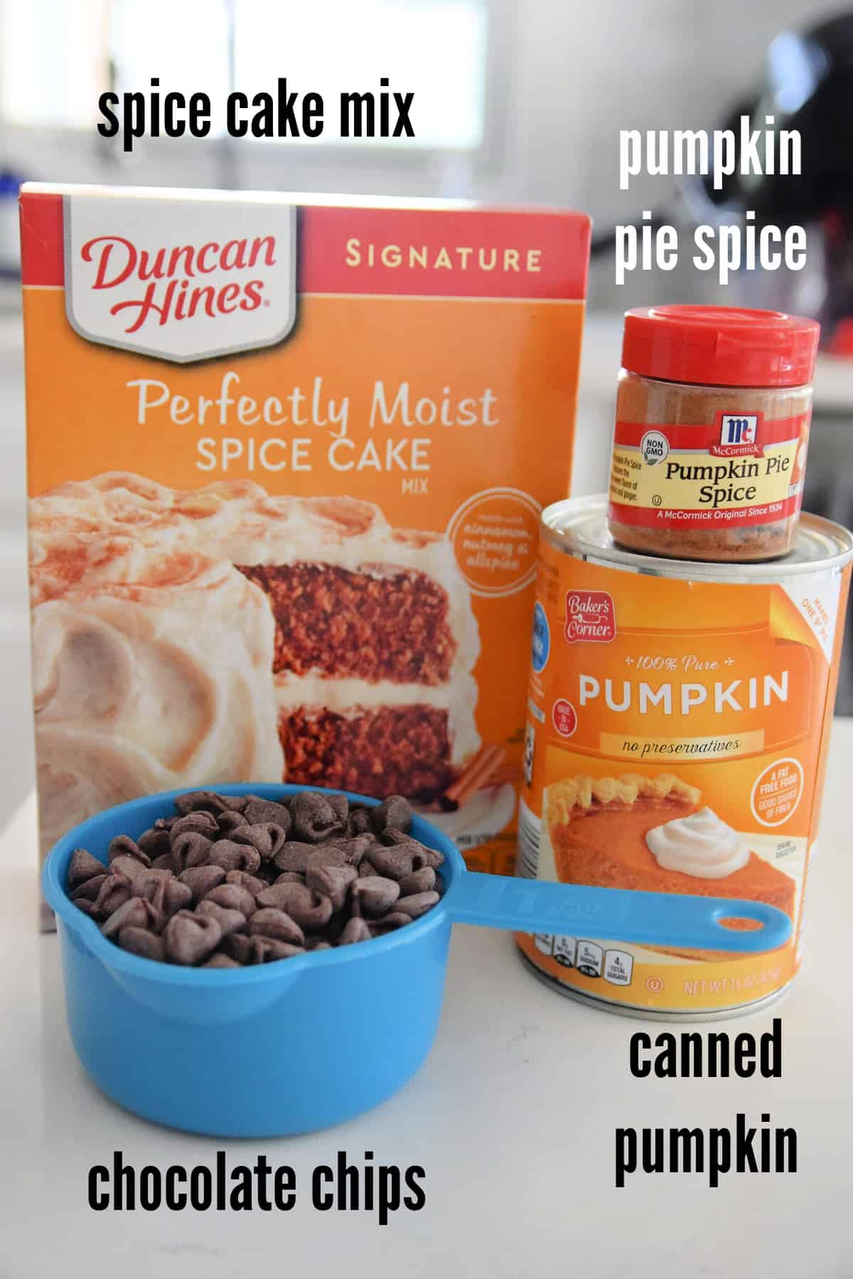 spice cake mix, pumpkin pie spice, canned pumpkin and chocolate chips