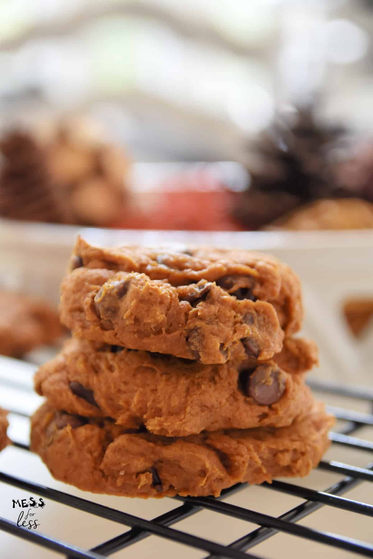 stack of pumpkin cookies with chocolate chips