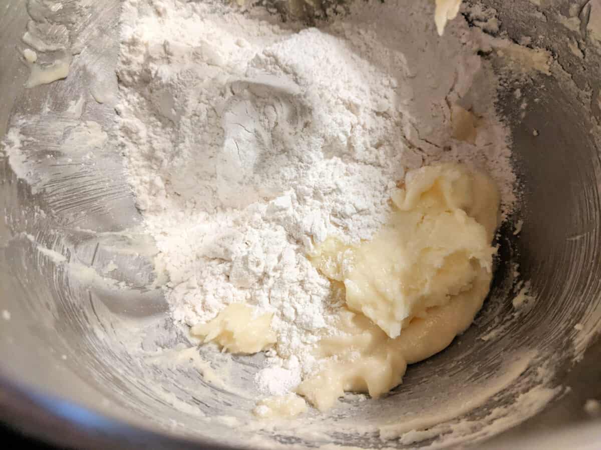 flour and creamed butter in a stand mixer