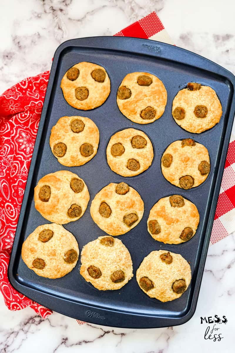 pancake cupcakes with sausage in a muffin tin