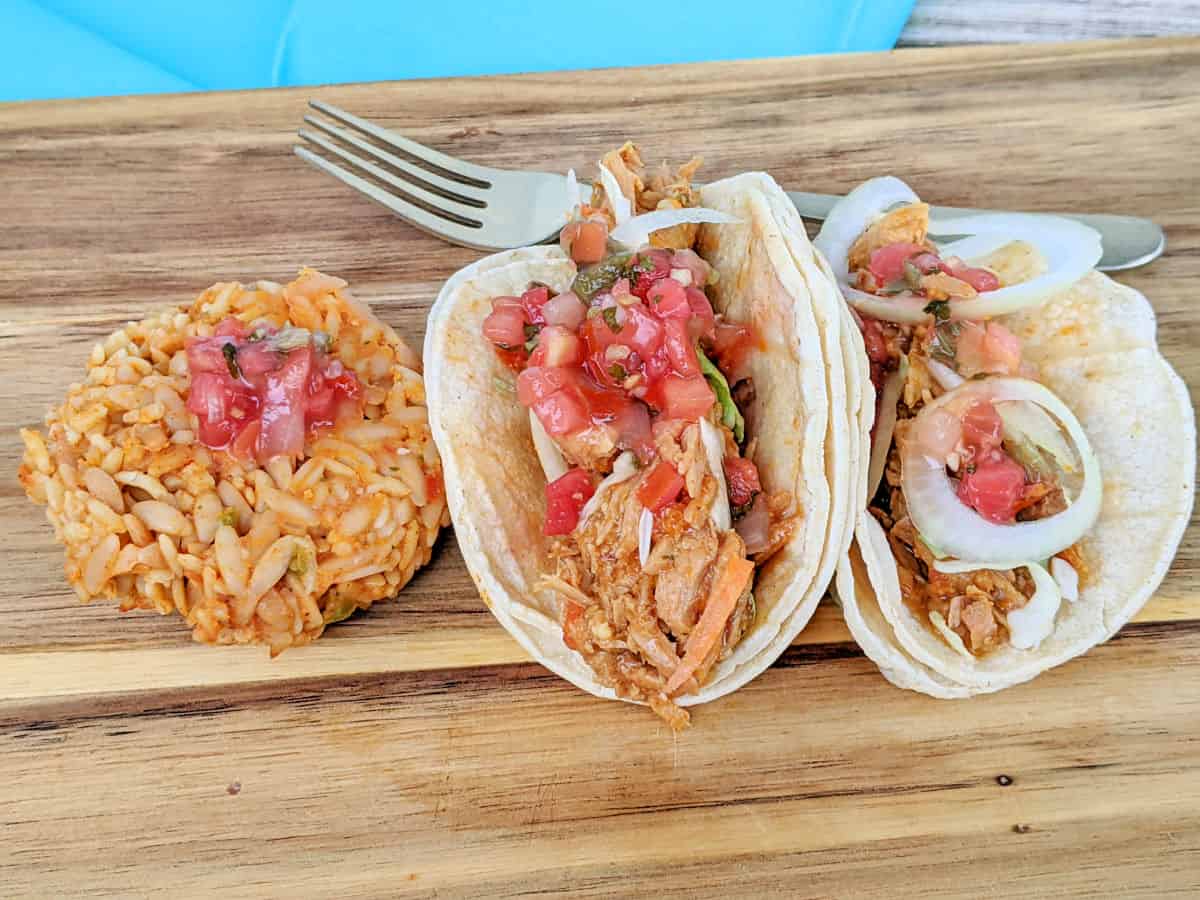 pork soft tacos with rice on the side