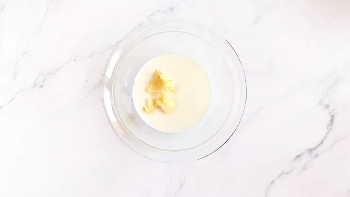 butter, water and milk in a bowl