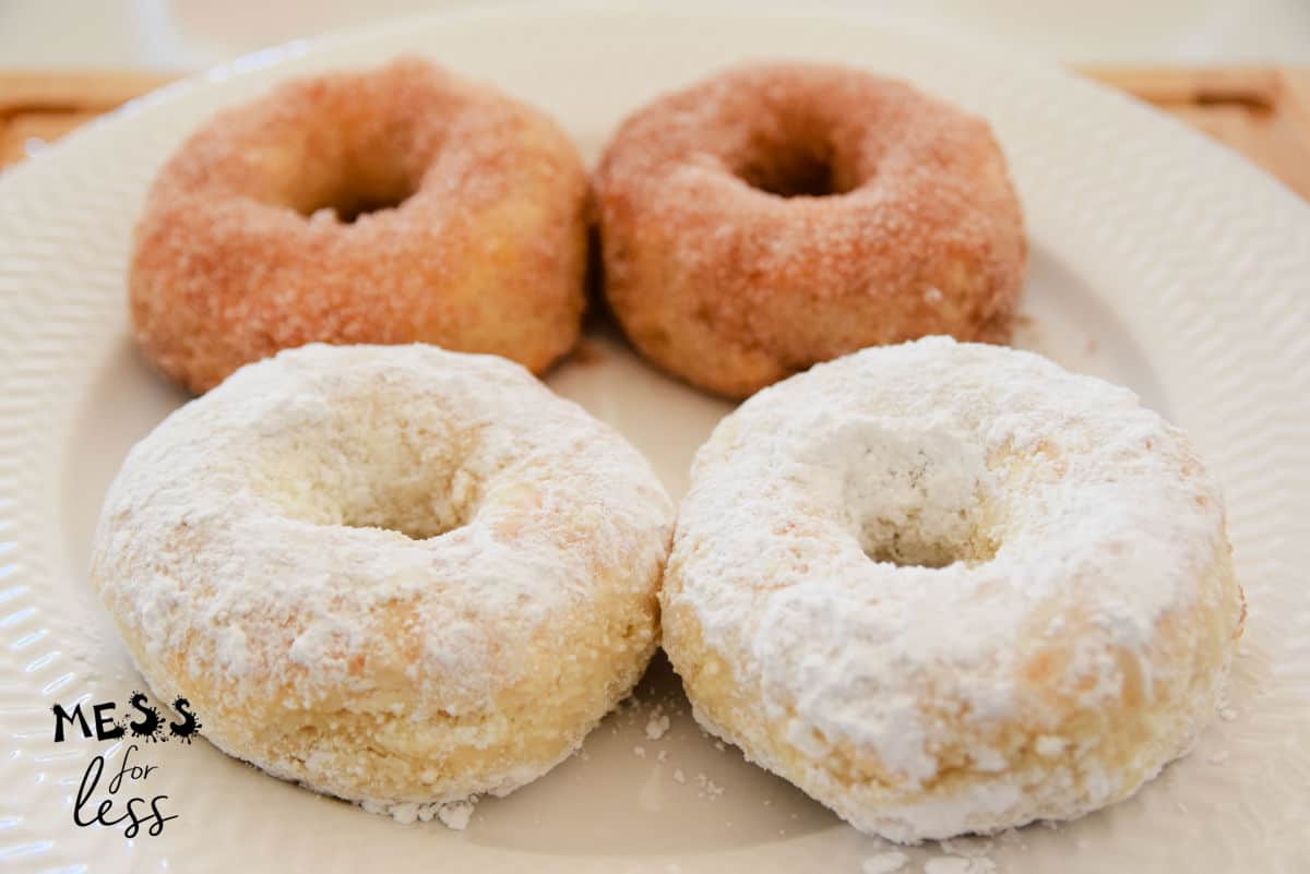 powdered sugar donuts and cinnamon sugar donuts