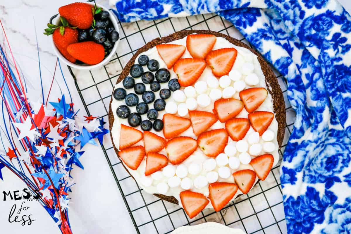 patriotic brownie cake with strawberries and blueberries