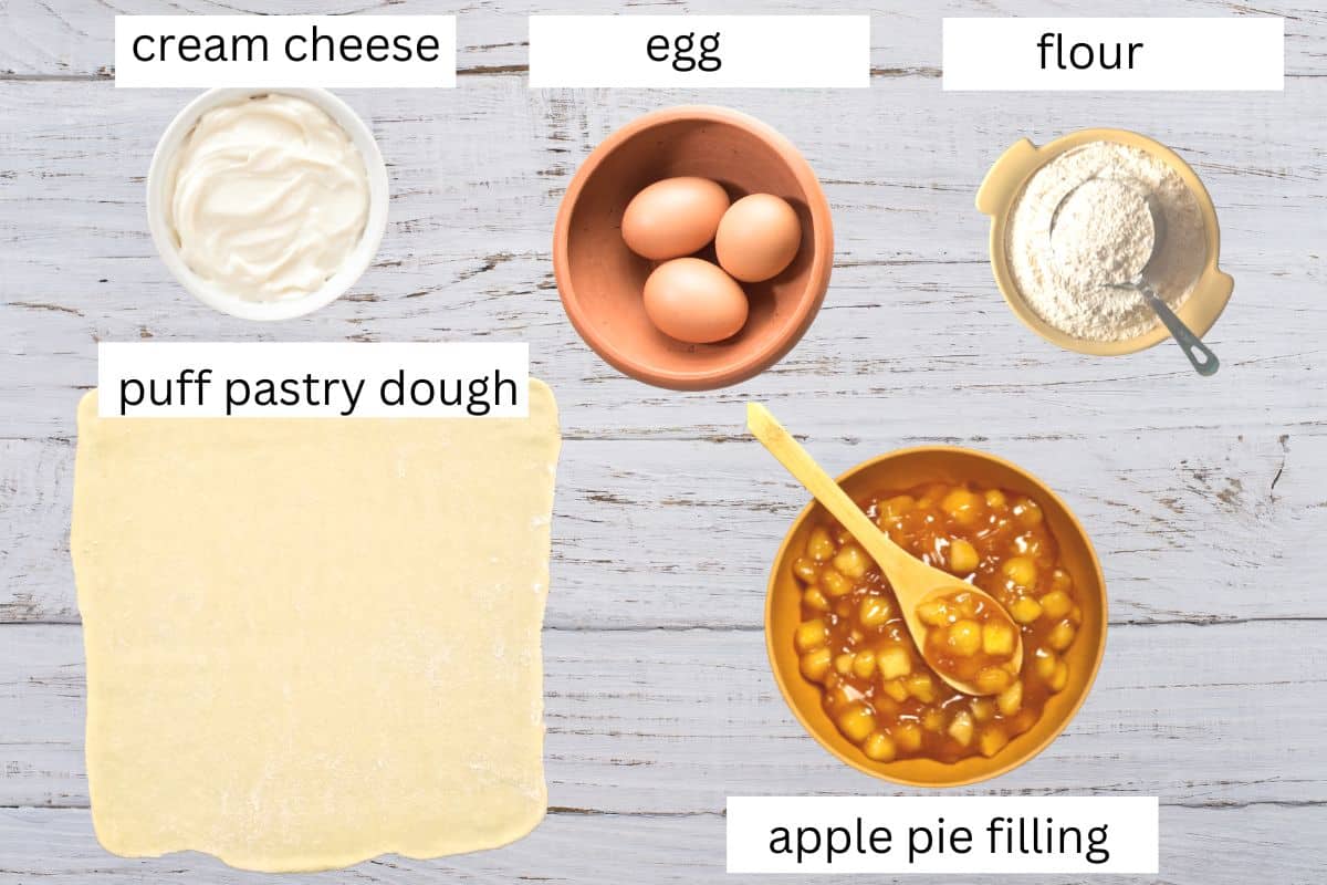 puff pastry dough, cream cheese, eggs, flour, apple pie filling