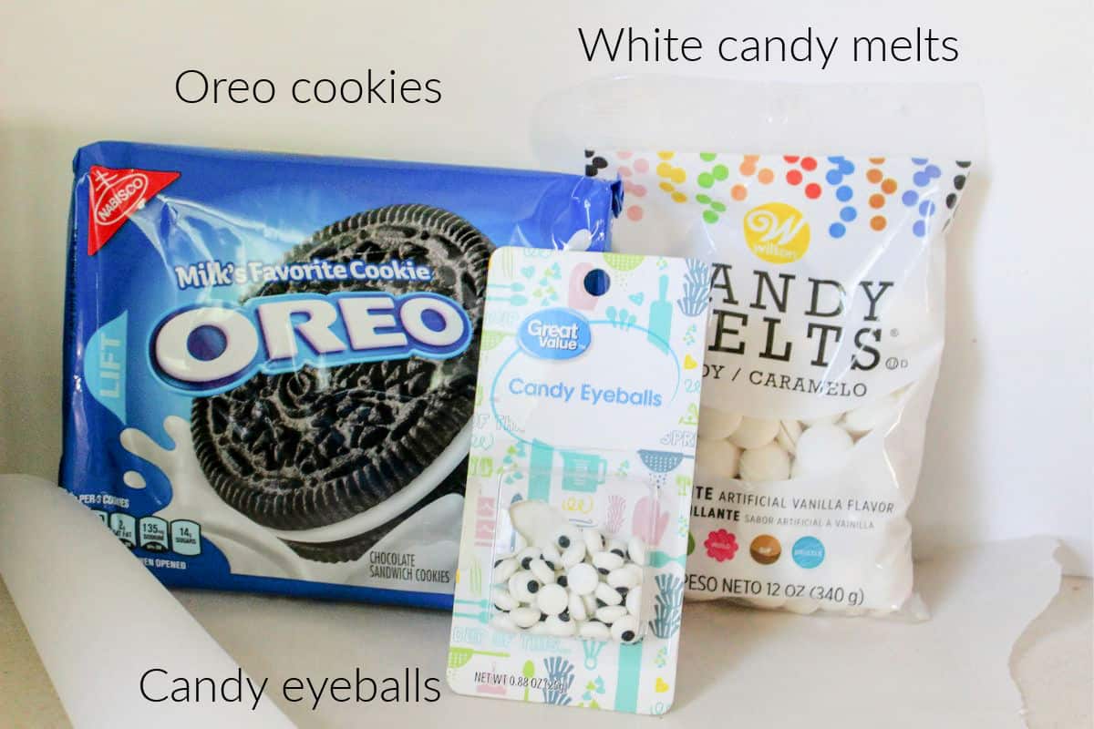 oreo cookies, white candy melts, candy eyes.