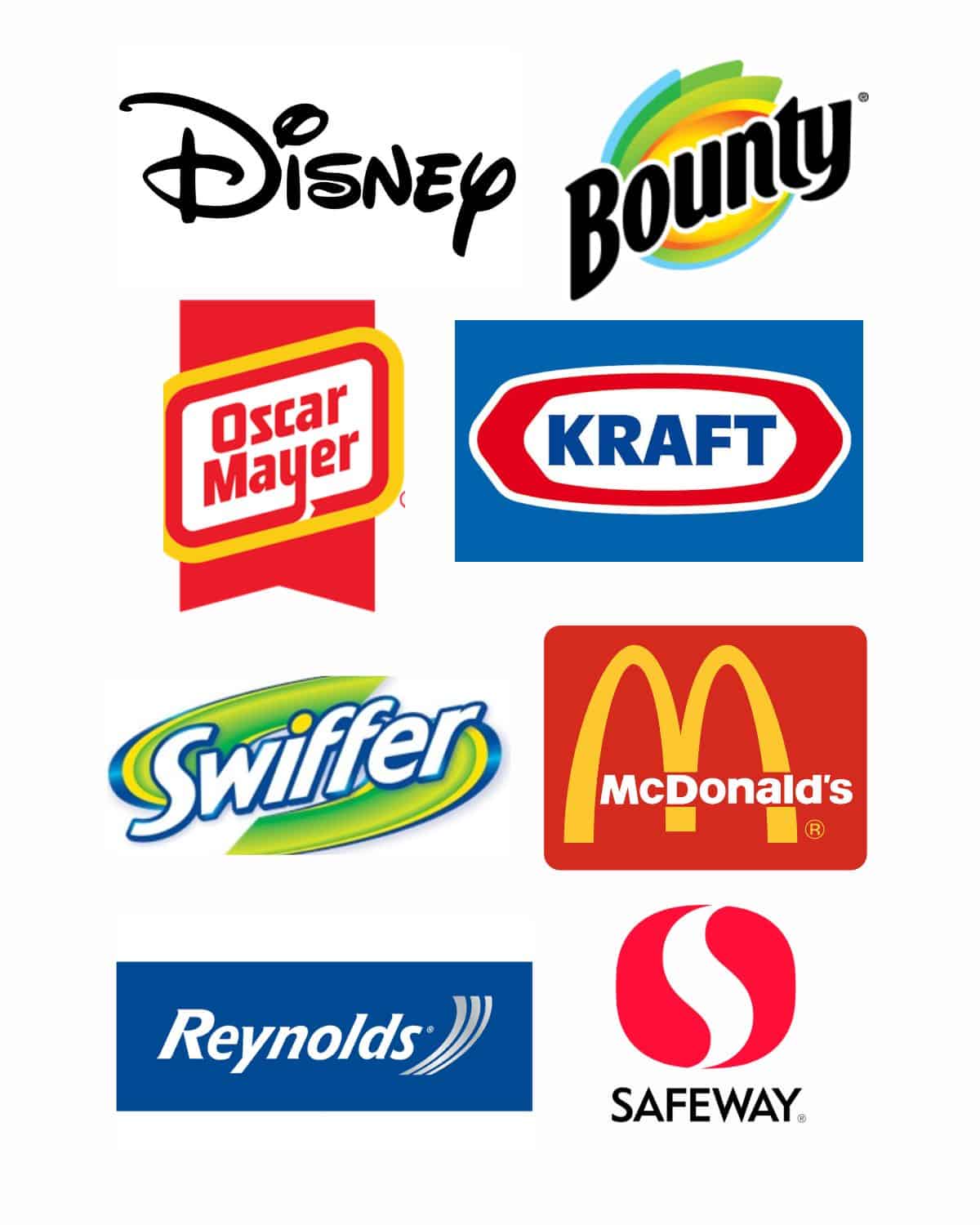 collage of business logos such as Disney, Bounty, Oscar Mayer, Kraft, Swiffer, McDonald's, Safeway and Reynolds.