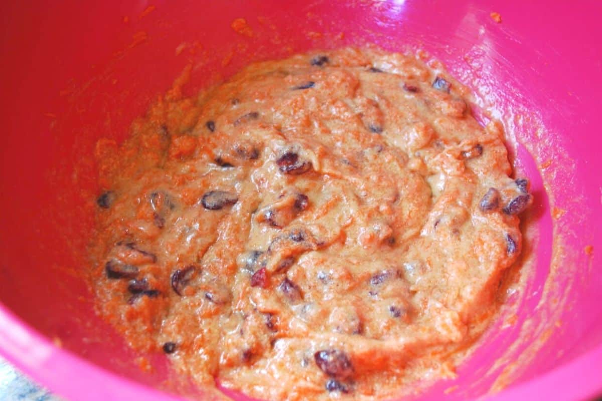 carrot cake cookie batter in bowl