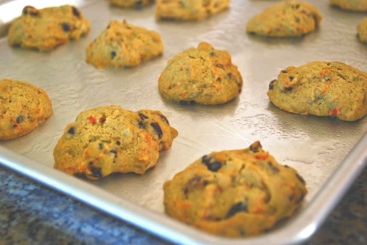 carrot cake cookies on cookie sheet