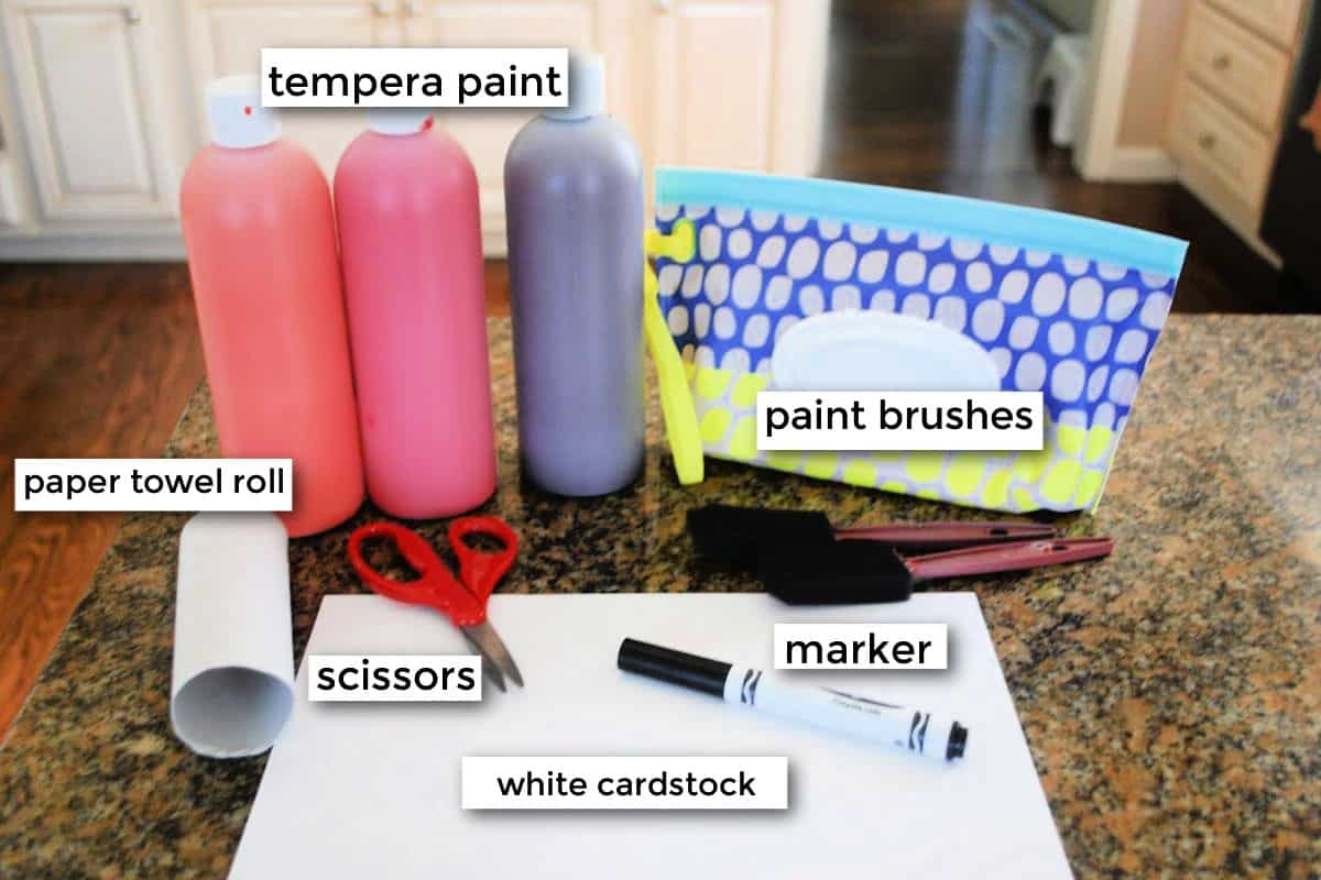 paint, paint brushes, paper towel roll, scissors, marker, cardstock.