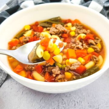 crockpot beef macaroni soup in bowl