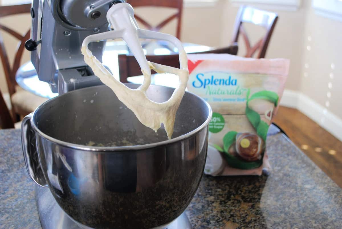 cupcake batter in a stand mixer.