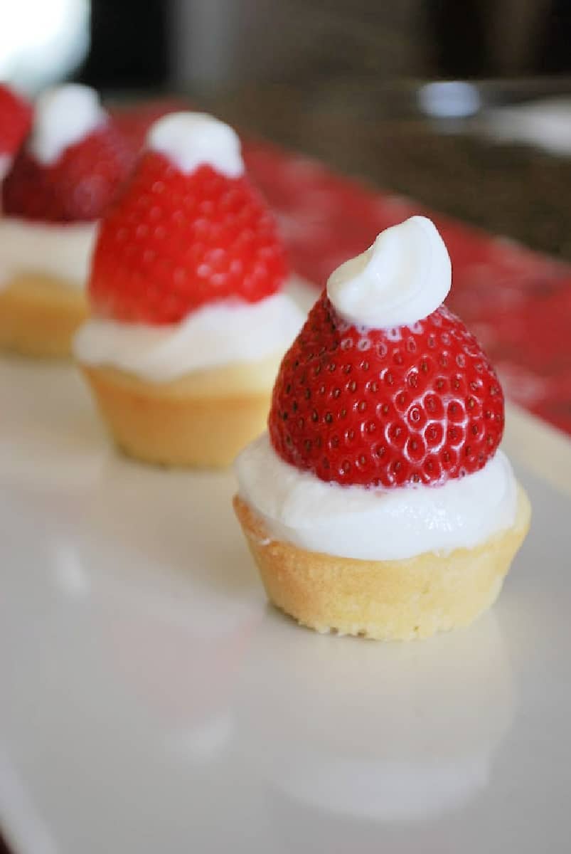 Santa hat dessert on white tray.