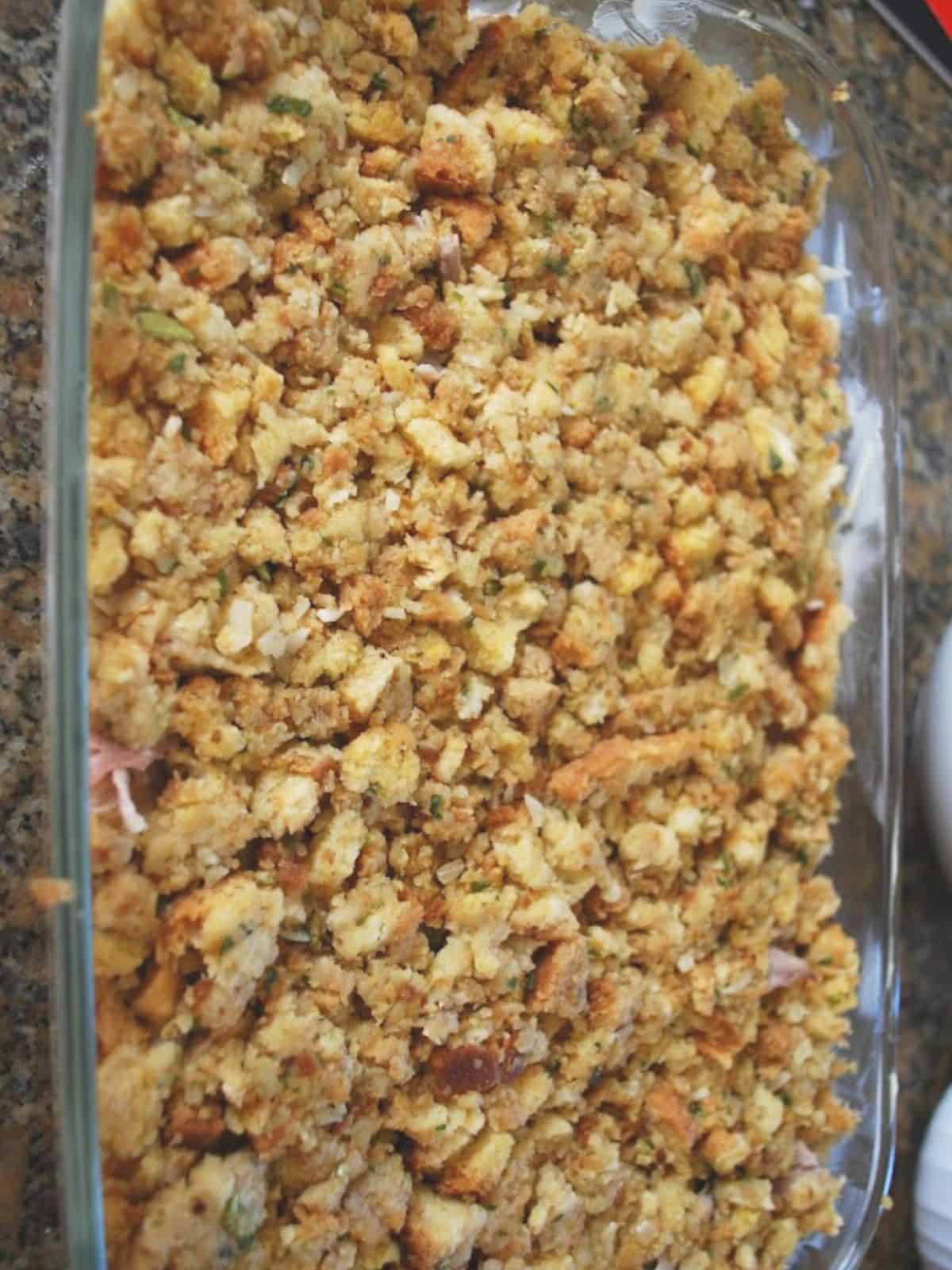 stuffing in baking dish