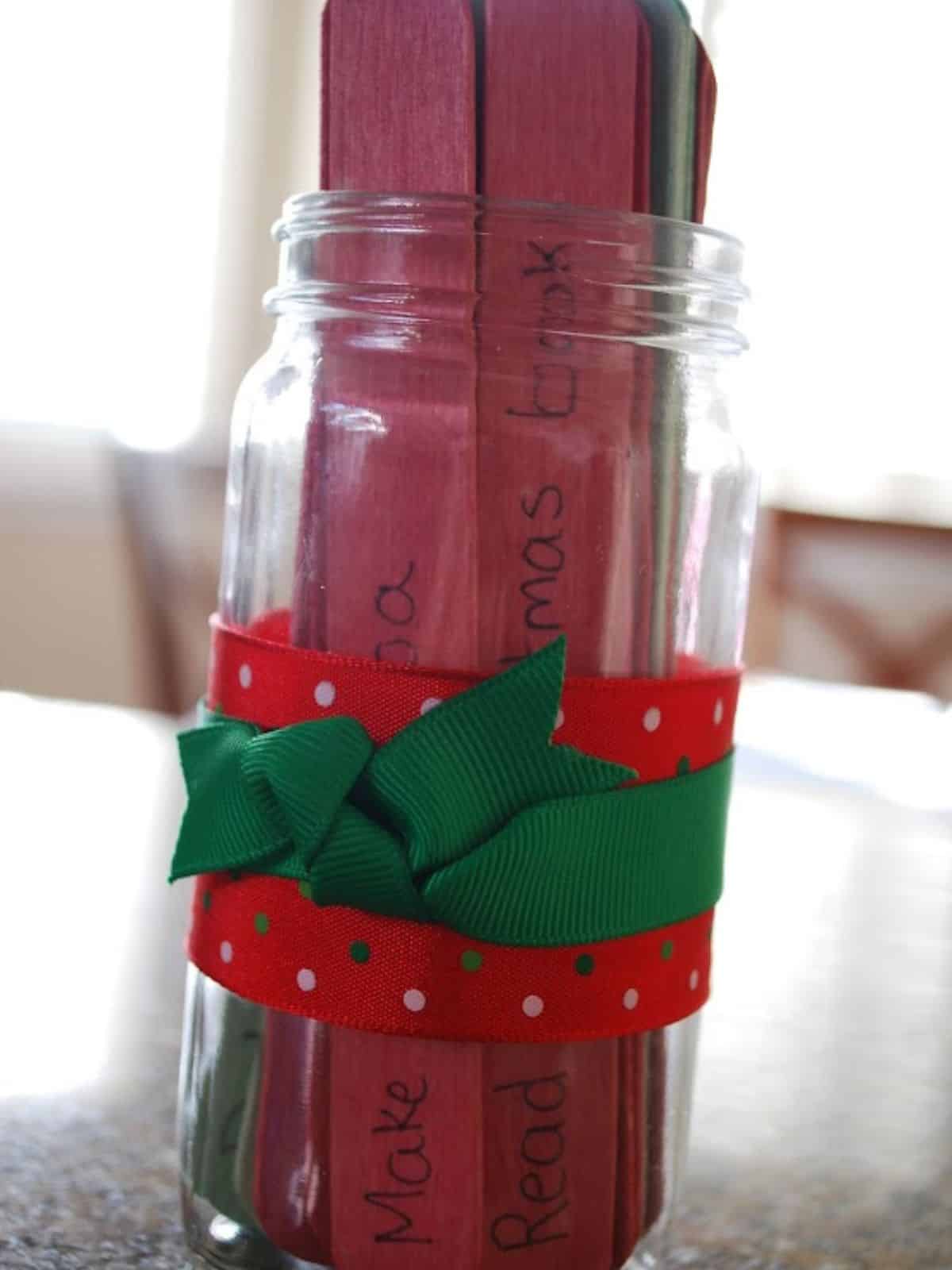 popsicle sticks in a jar.