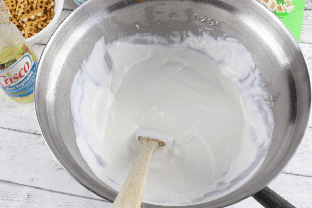 melted white chocolate in a bowl.