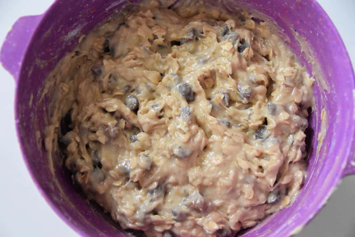 banana chocolate chip cookie dough in purple bowl