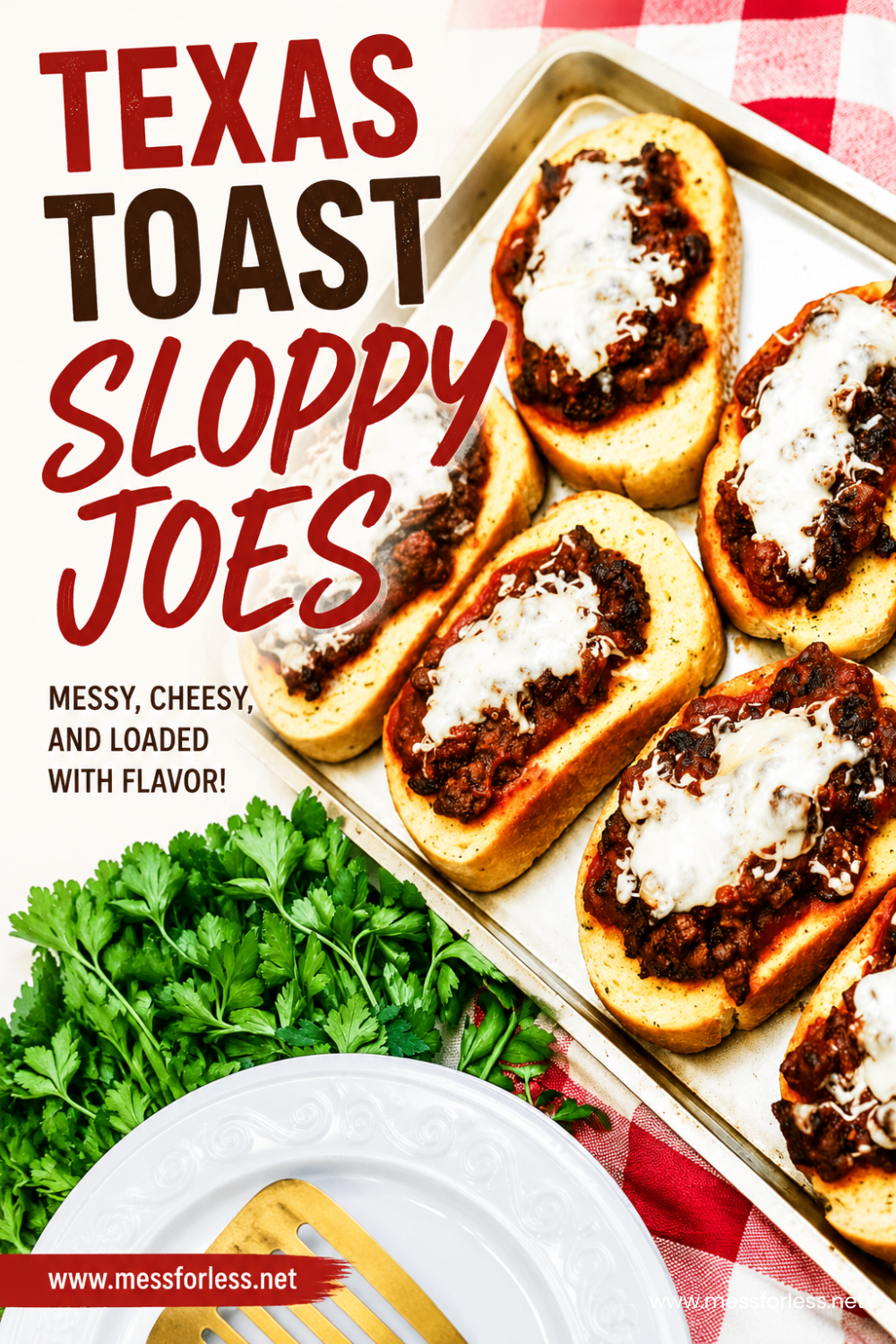 A tray of cheesy Texas Toast Sloppy Joes sits on a red-checked tablecloth, garnished with parsley and ready to serve on white plates.