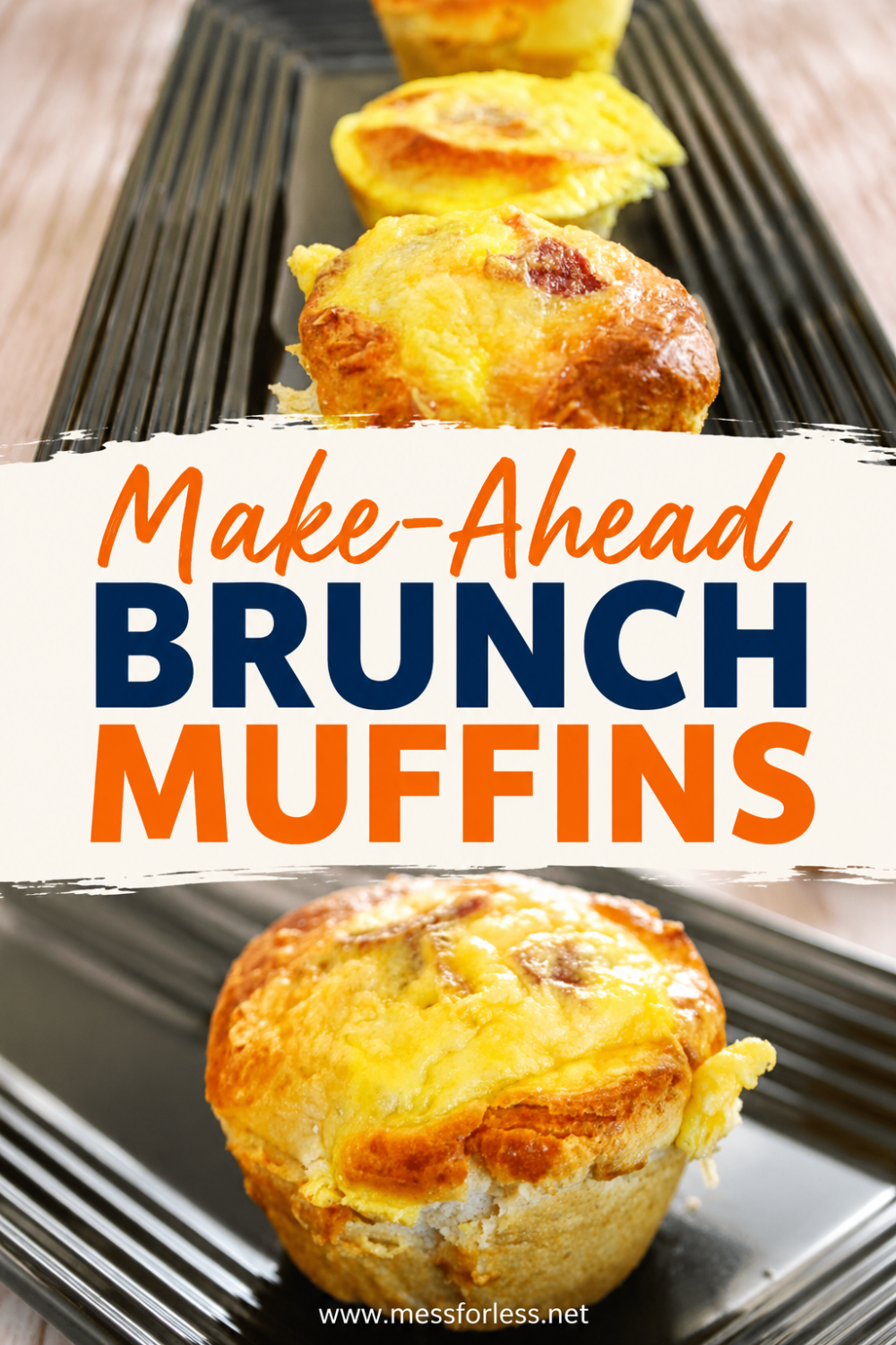 A tray of golden brunch muffins with Turkey Bacon and Egg Breakfast Muffins text in bold letters.