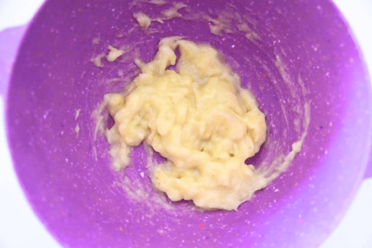 mashed bananas in bowl.