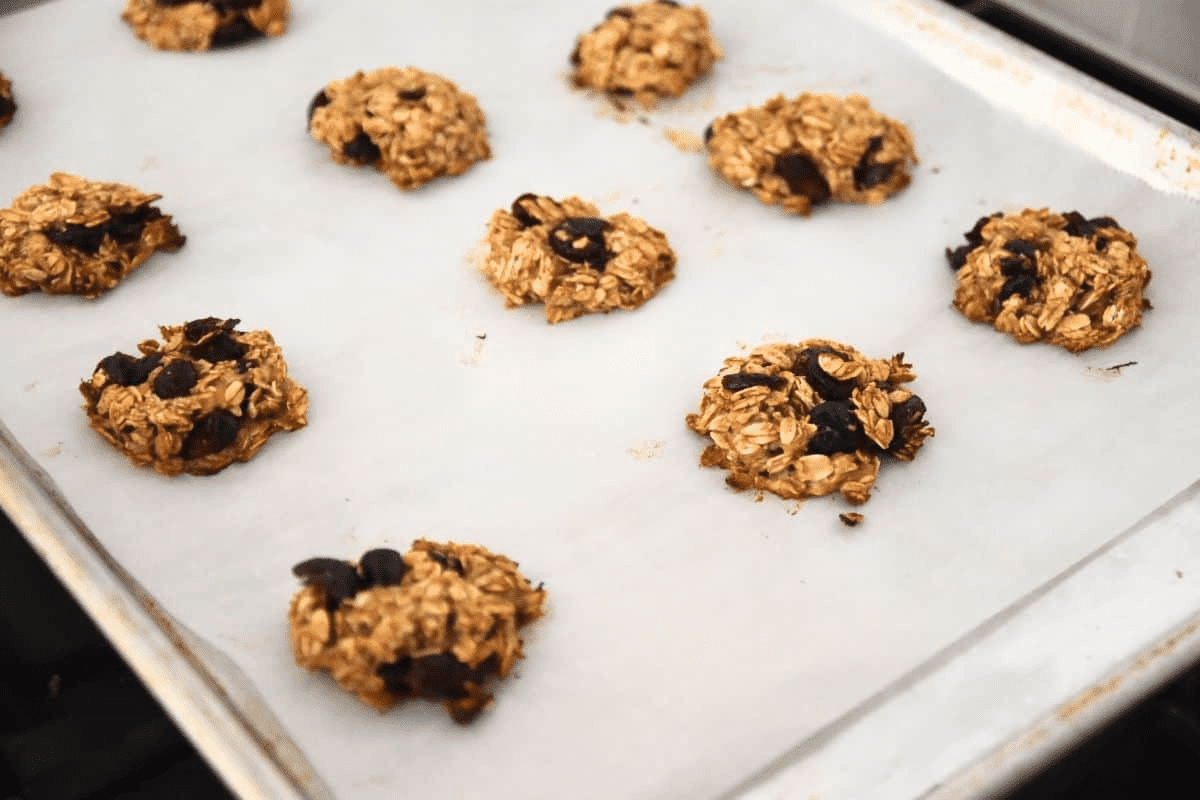 banana oat cookie on cookie sheet.