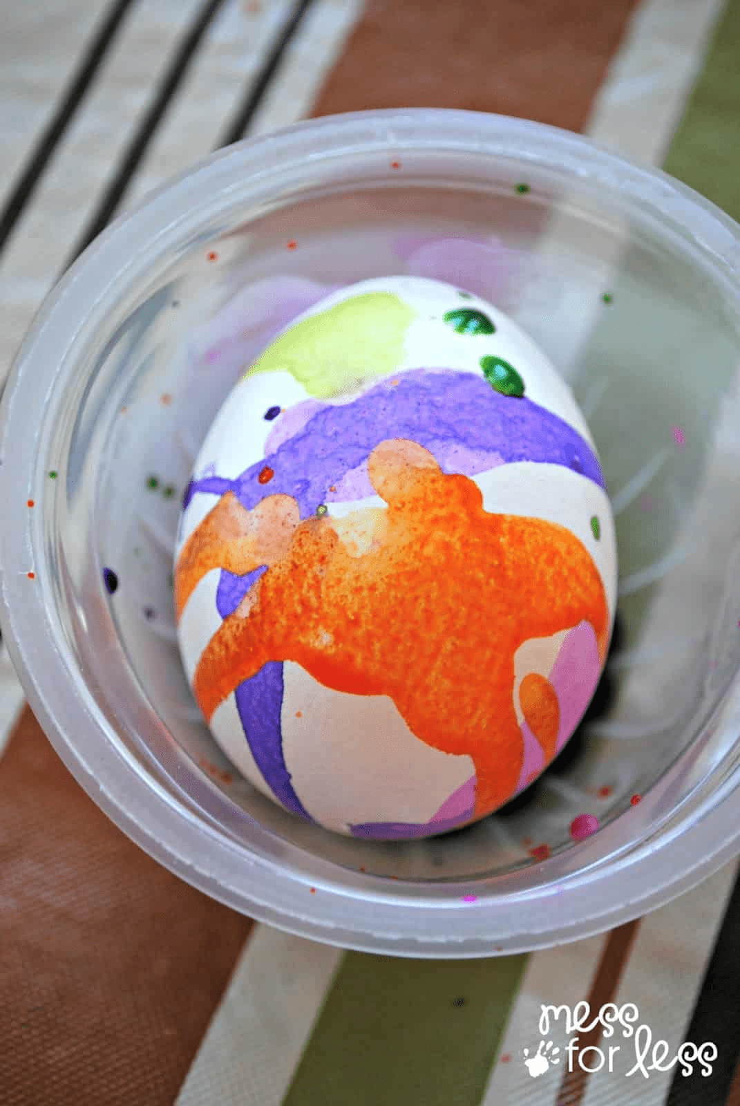 liquid watercolor decorated egg in cup.