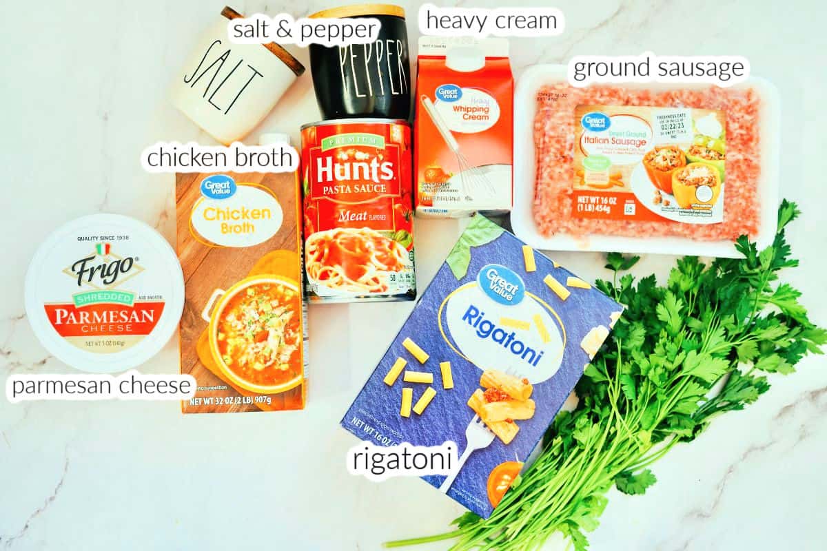 ingredients to make creamy sausage rigatoni