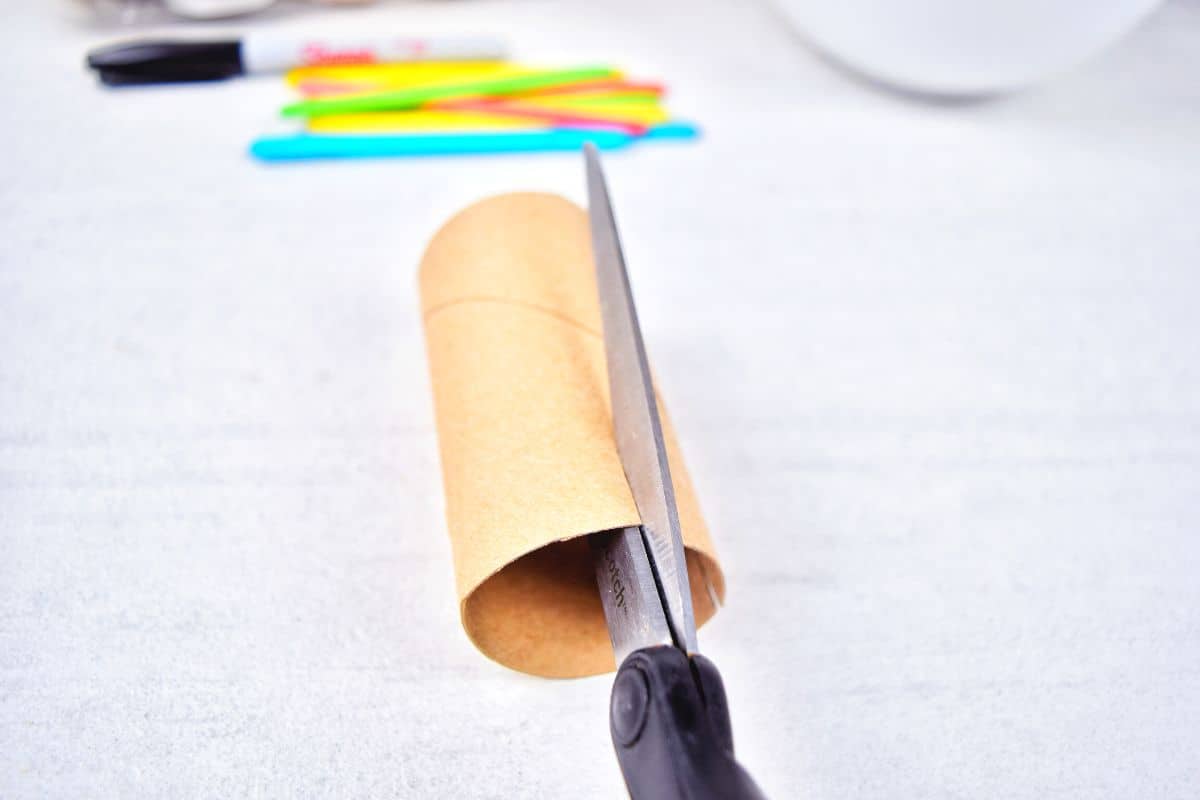 cutting a toilet paper roll with scissors