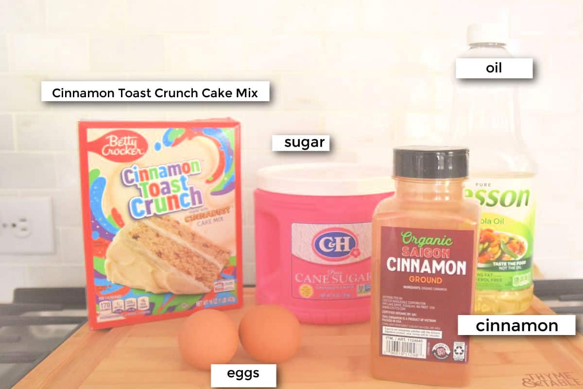 ingredients to make cake mix snickerdoodle cookies.