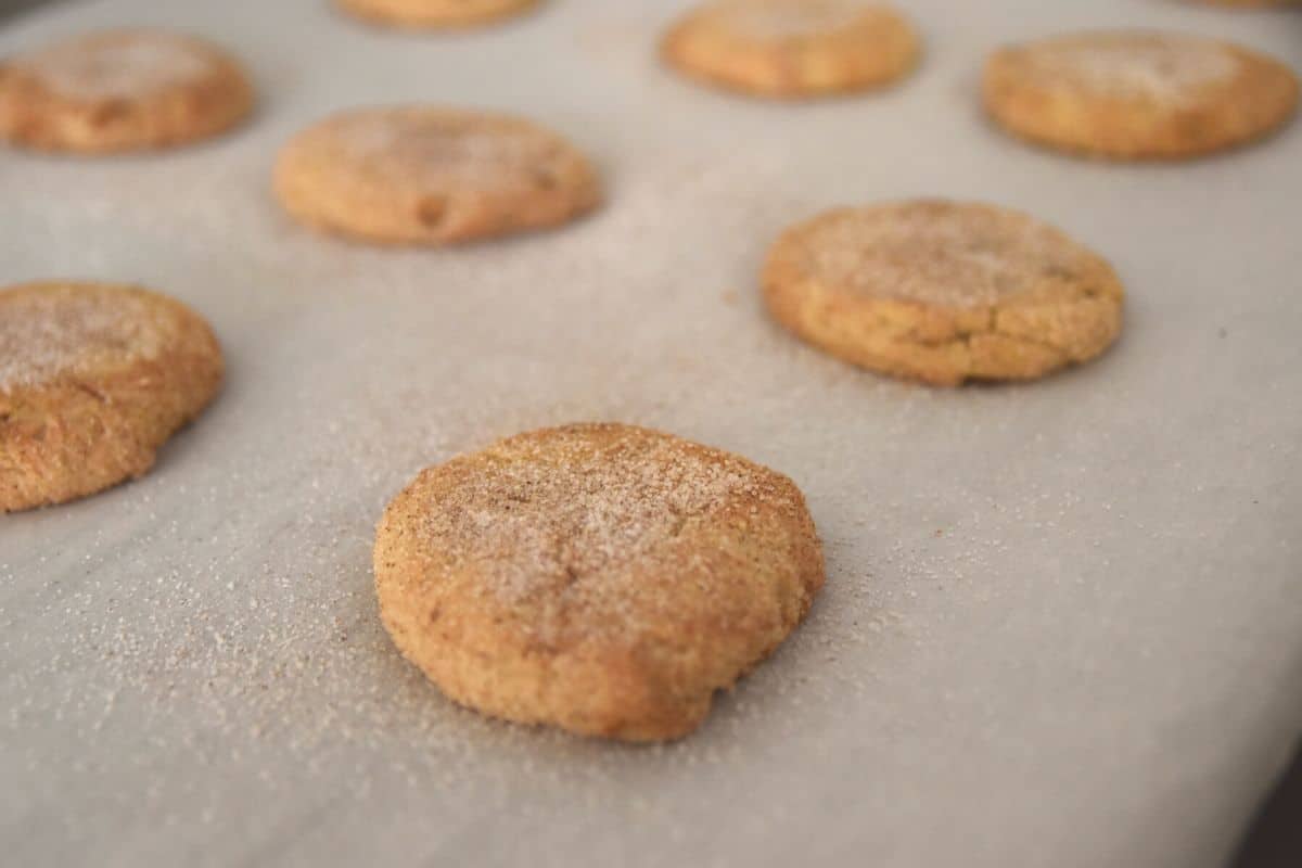 cinnamon snickerdoodle cookies on cookie sheet