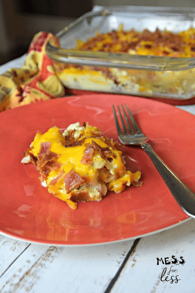 Crack chicken casserole on red plate