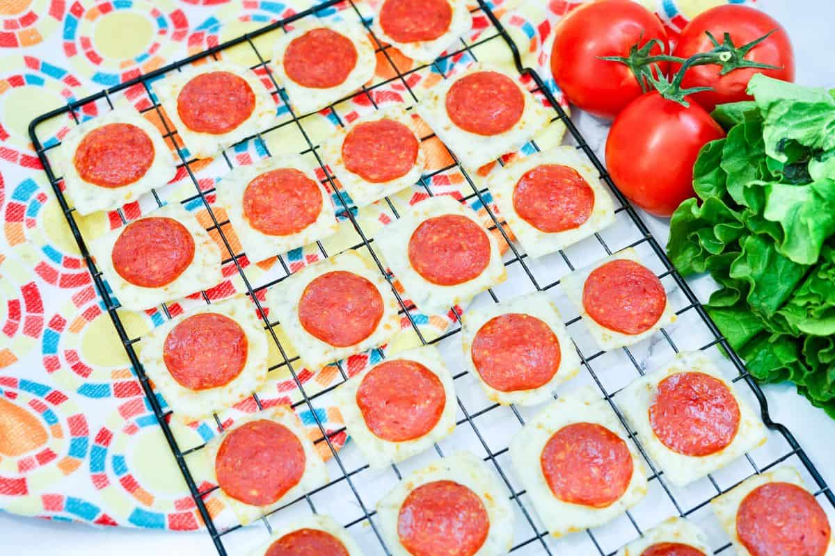 mozzarella pepperoni crisp on cooling rack