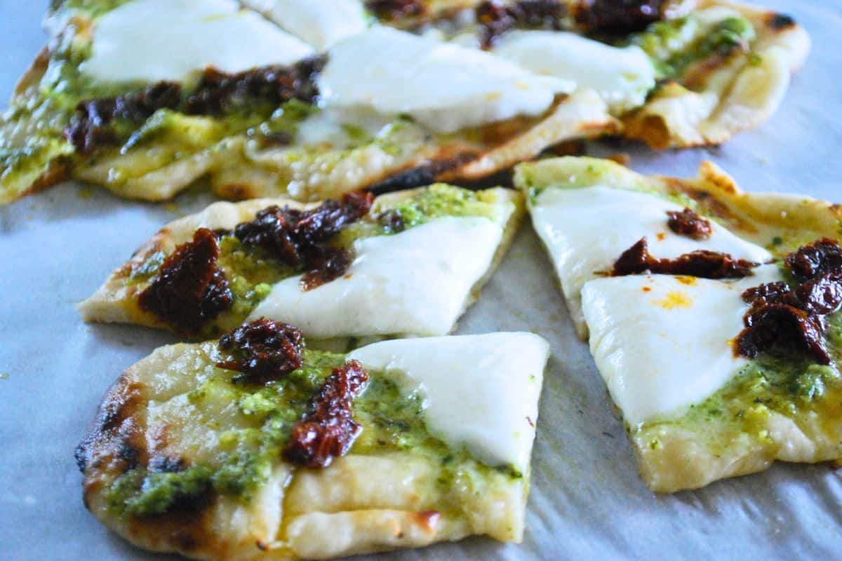 grilled flatbread with pesto and mozzarella