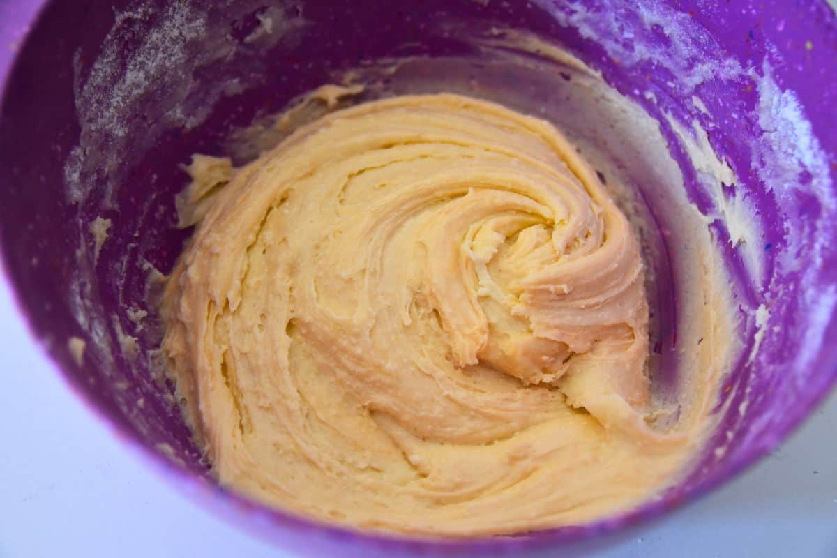 cake batter in purple bowl