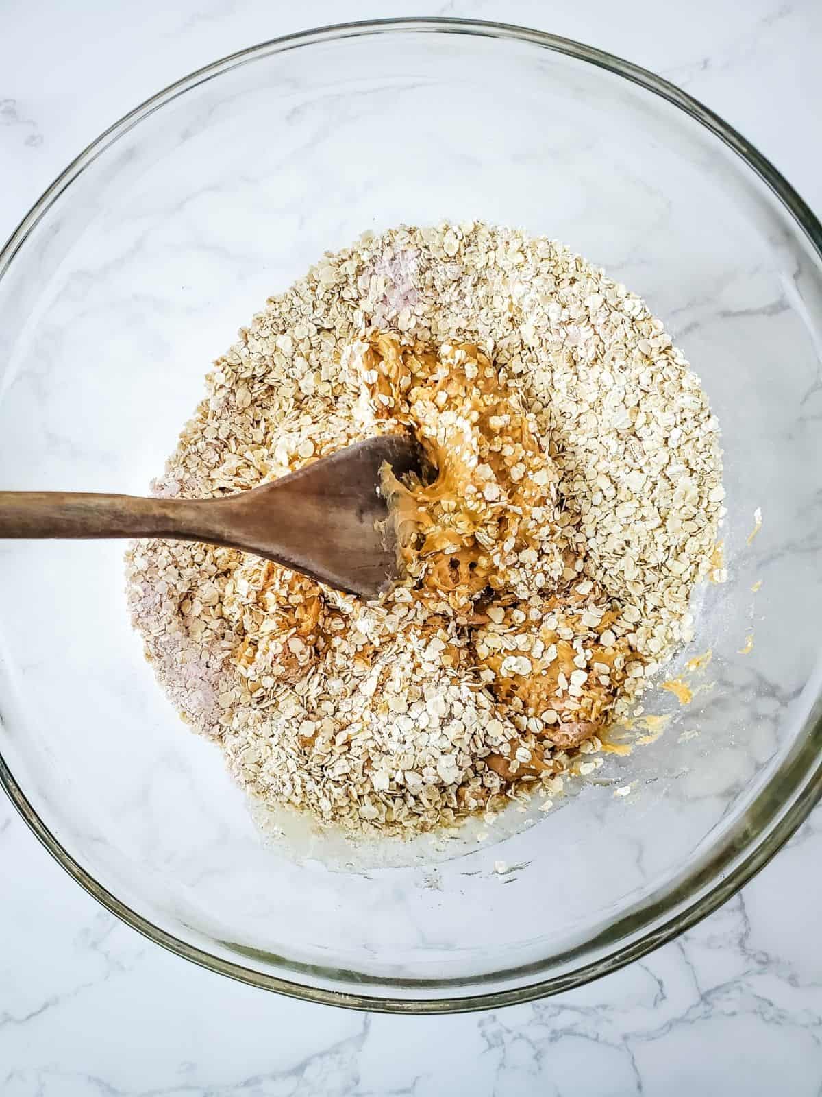 oats peanut butter and protein powder in bowl