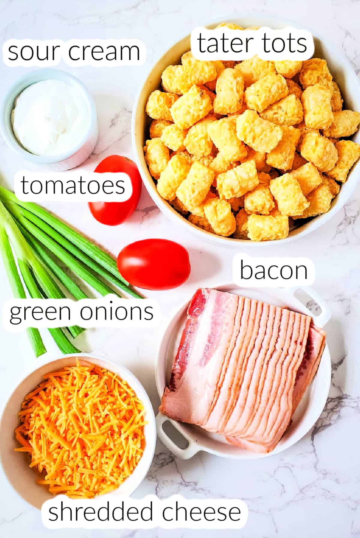 ingredients for loaded tater tot casserole.