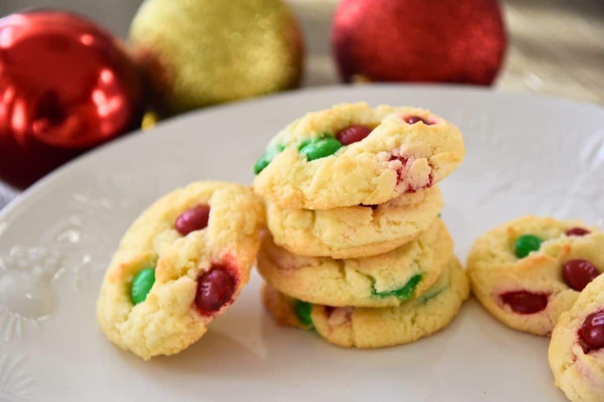 christmas cookies with M&Ms on plate.