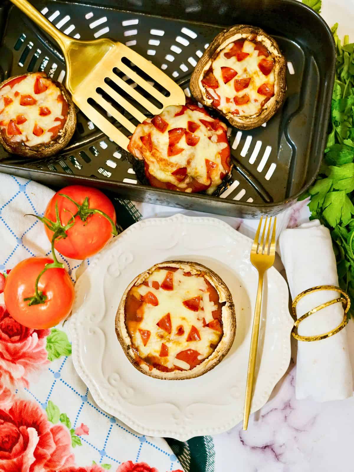 Air-Fryer-Portobello-Mushroom-Pizza-on-white-plate.